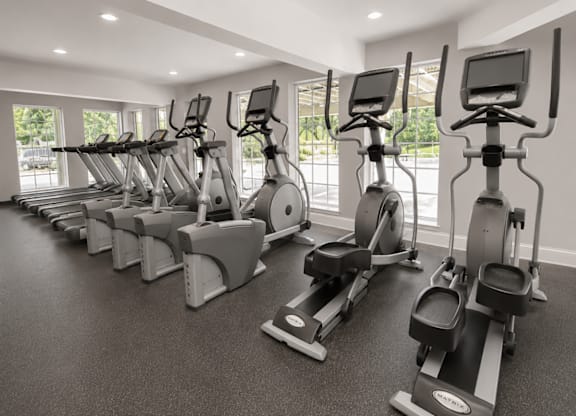 A gym with treadmills and elliptical machines.