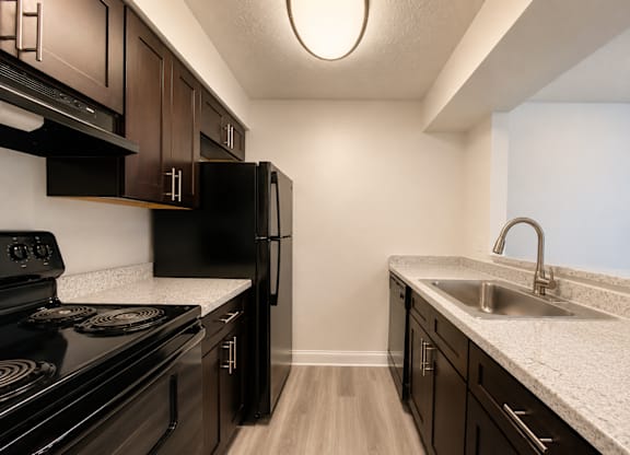 A kitchen with black appliances and cabinets.