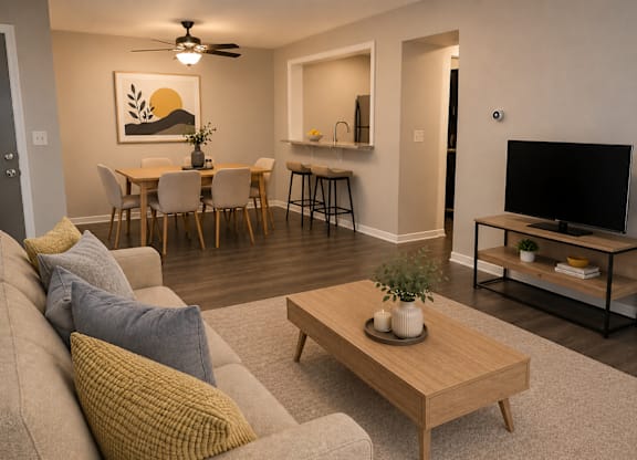 A living room with a grey couch, a wooden coffee table, and a painting on the wall.