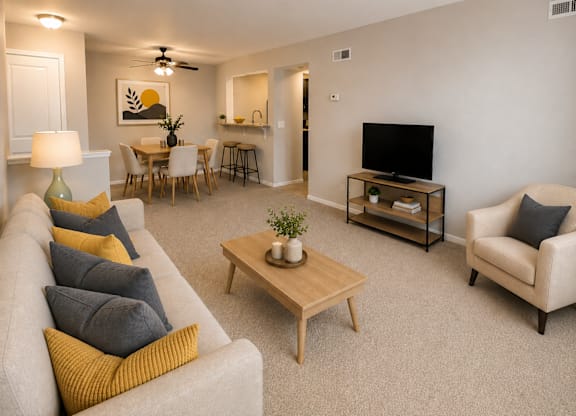 A living room with a couch, coffee table, and television.