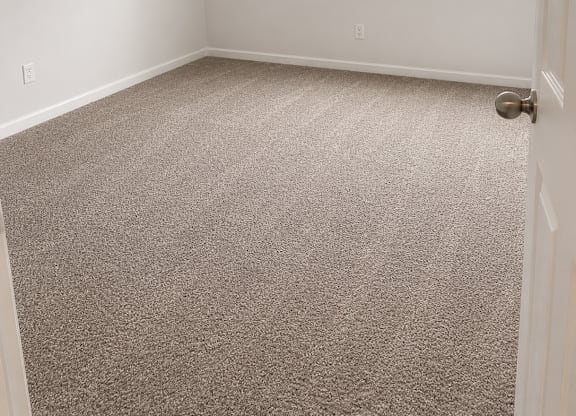 A room with a carpeted floor and a window letting in light.