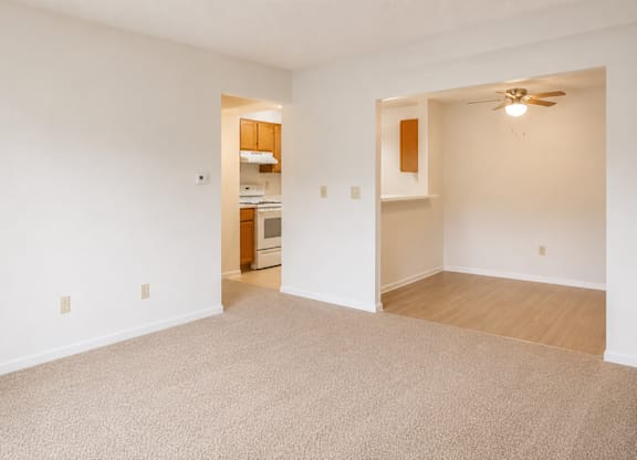 A room with a carpeted floor and a ceiling fan.