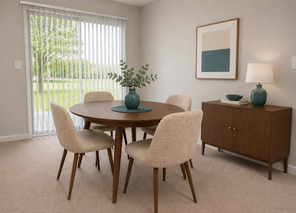 A dining room with a table, chairs, and a cabinet.