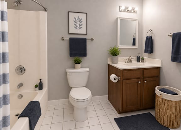 A bathroom with a white toilet, a sink with a mirror, and a shower with a striped shower curtain.