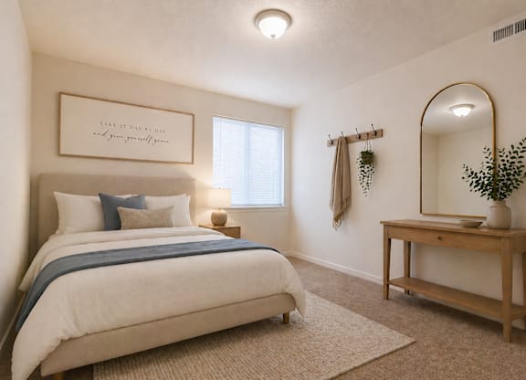 A bedroom with a bed, a table, and a mirror.
