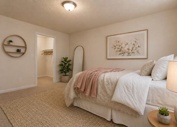 A bedroom with a bed, lamp, and a plant.