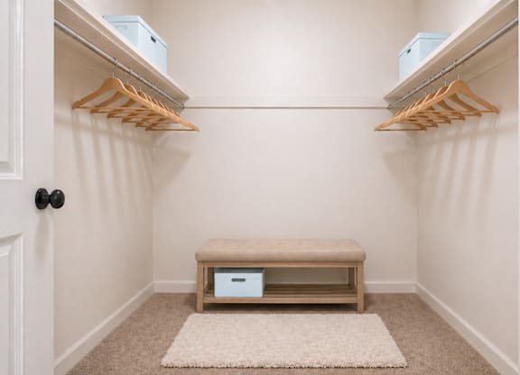 A small closet with a bench and two hangers.