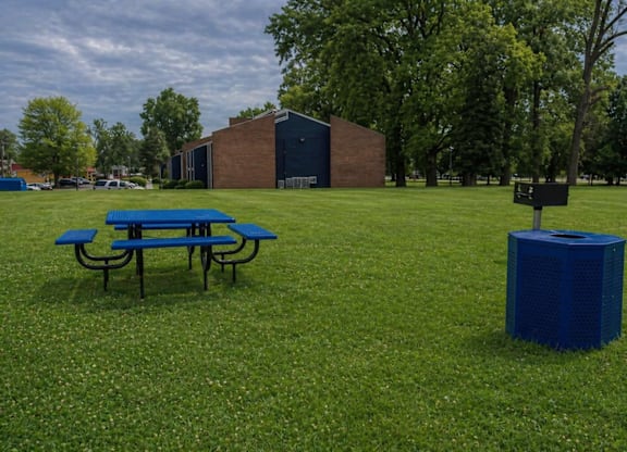 A blue picnic table sits on a grassy field.