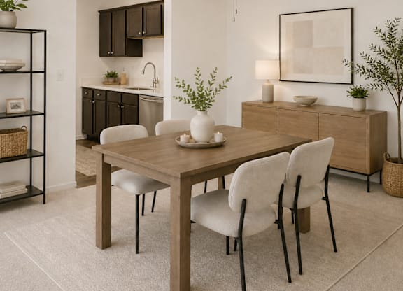 A dining room with a table and chairs.
