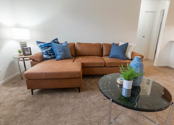 Living Room Sofa at Sandstone Court Apartments, Greenwood, IN, 46142