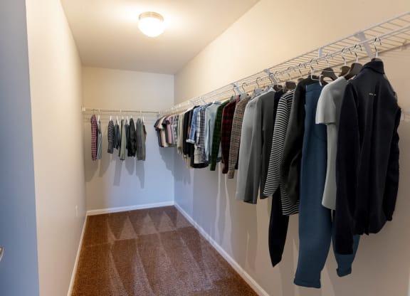 a closet with a rack of clothes and a ceiling light