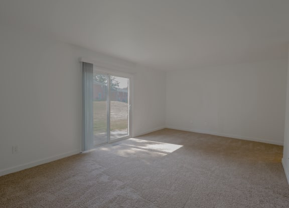 a living room with carpet and a sliding glass door