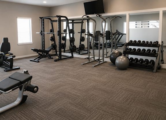 A well-equipped home gym with a variety of exercise equipment.