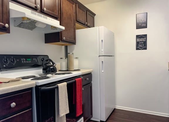 Updated kitchen with wood-style plank flooring at The Lodge Apartments in Indianapolis, IN