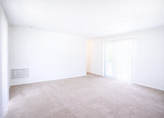 A room with a carpeted floor and a window with blinds.