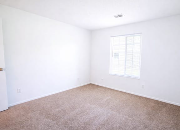 A room with a carpeted floor and a window with blinds.