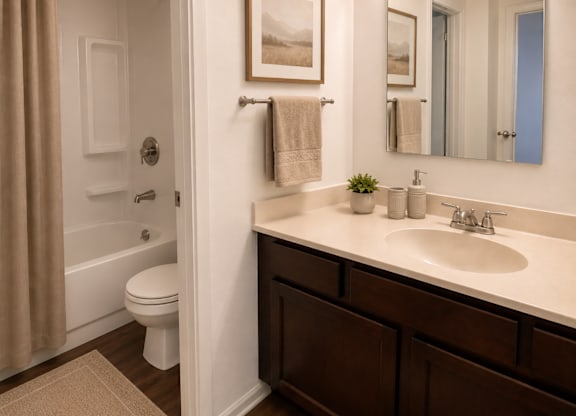 A bathroom with a toilet, sink, and mirror.