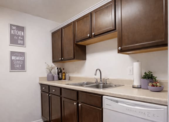A kitchen with brown cabinets and a white dishwasher.