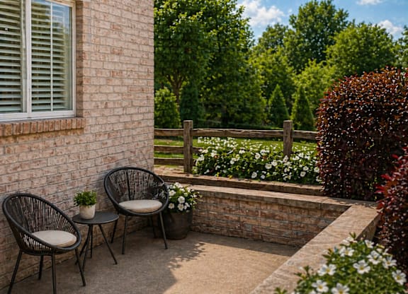 Two chairs and a table are on a patio.