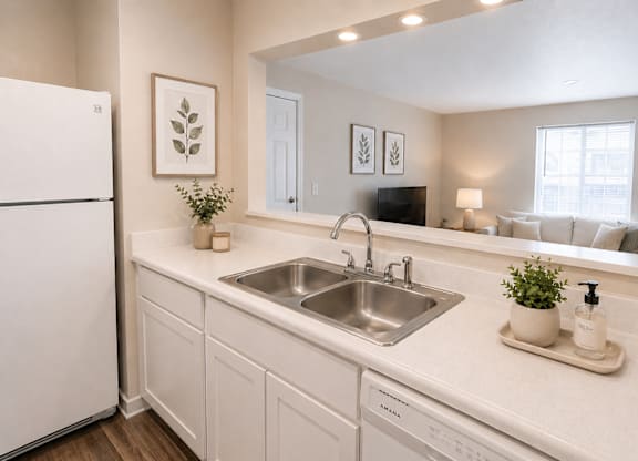 A white kitchen with a sink and a fridge.