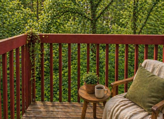 A wooden chair with a cushion and a small table with a plant on it is on a wooden deck.