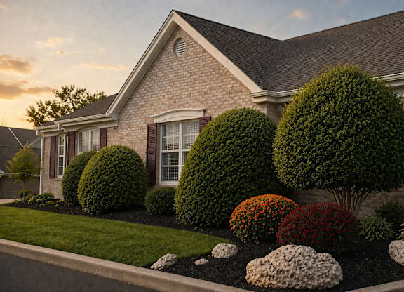 A house with a well-manicured lawn and garden in front.