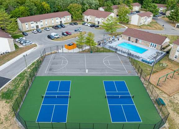 Aerial View Of Pickleball Court at The Village at Sandstone Apartments, Indiana, 46142