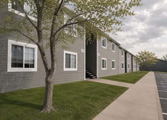 A tree stands in front of a grey building with white windows.