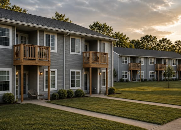 A row of houses with balconies and doors.