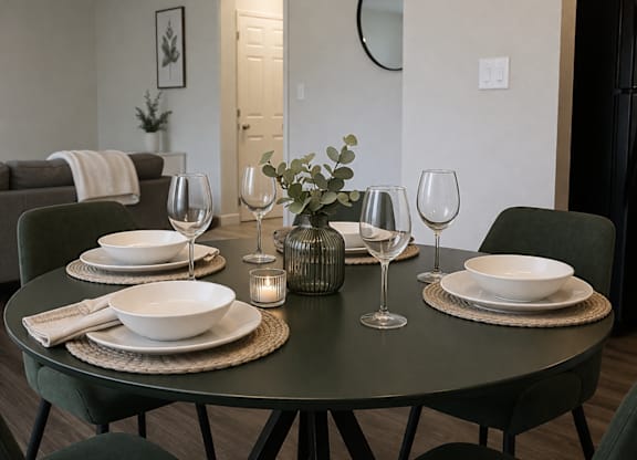 A dining table set with plates, glasses, and a vase of flowers.