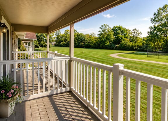 A white porch with a potted plant on the left and a view of a green field.