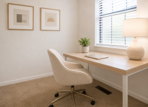 A white chair is in front of a desk with a laptop and a plant.