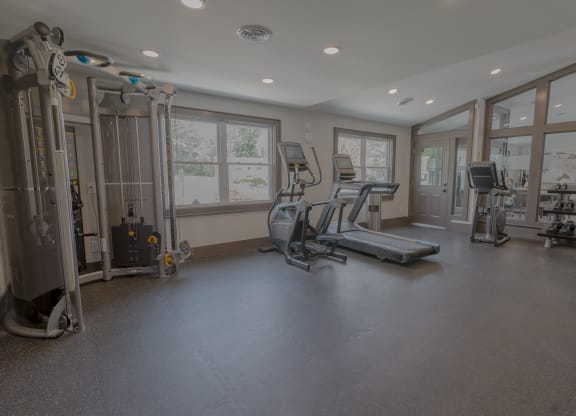 a gym with treadmills and other fitness equipment in a home with windows