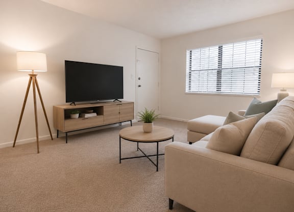 A living room with a couch, a coffee table, a television, and a lamp.