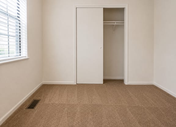 A room with a carpeted floor and a closet with a door open.