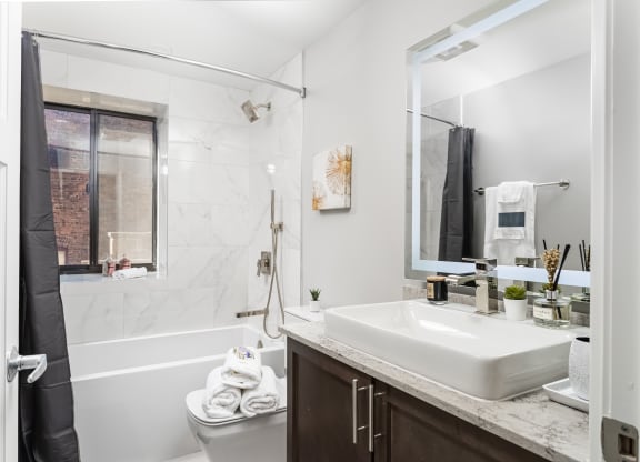 Luxury bathroom with modern finishes at Park Heights by the Lake Apartments in South Shore Chicago, IL 60649