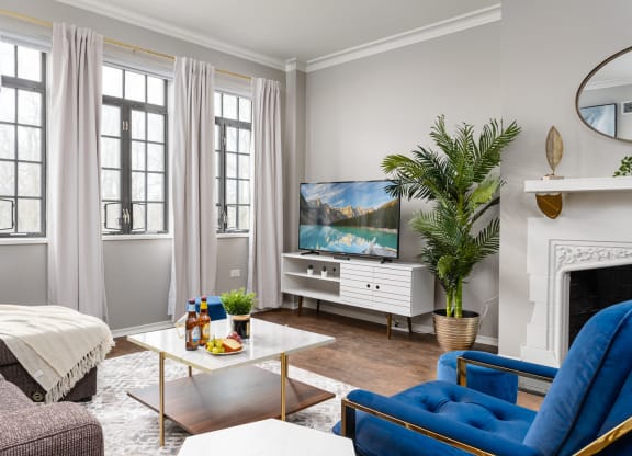 Trendy Living Room at Park Heights by the Lake Apartments, Chicago, IL, 60649