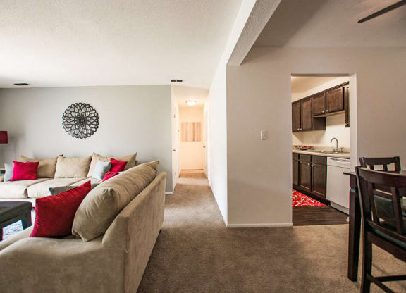 Living Room And Kitchen View at The Lodge Apartments, Indianapolis, IN