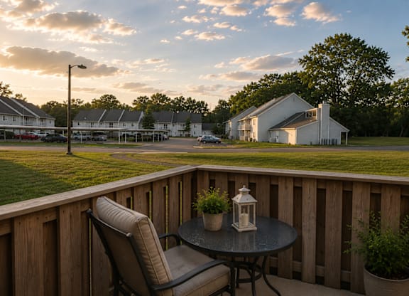 A patio with a table and chairs overlooking a house and trees.