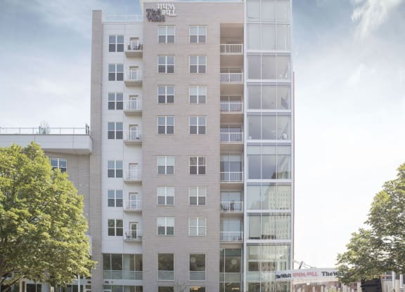 Building exterior view with skylineat The Whit Apartments, Indiana