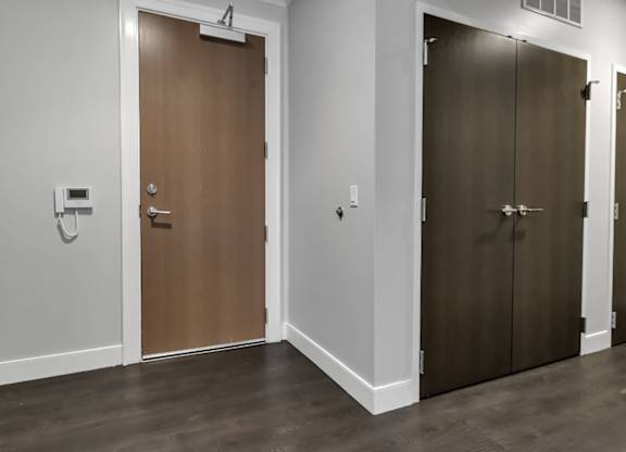 A room with two doors, one wooden and one brown.