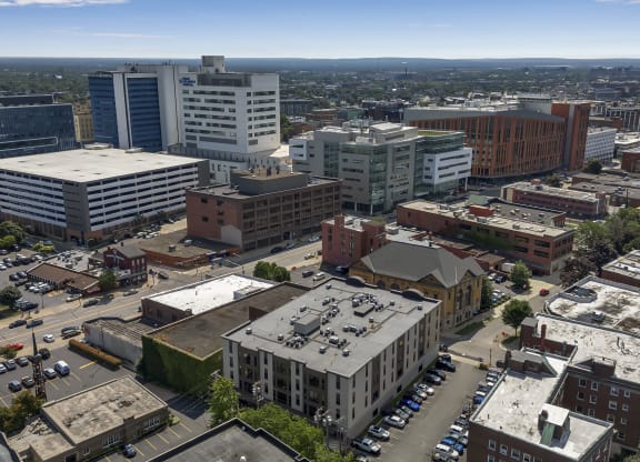 an aerial view of the city with tall buildings at Nineteen North, Buffalo