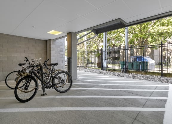 a group of bikes parked in a parking garage at Nineteen North, Buffalo, New York