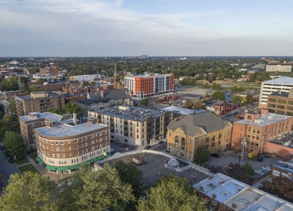 an aerial view of a city of buildings and trees at Nineteen North, Buffalo, NY, 14202