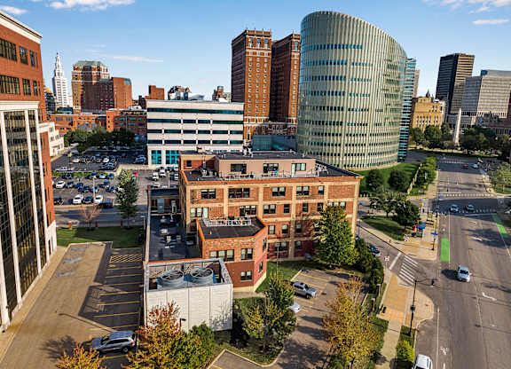 an aerial view of a city with tall buildings at 100 South Apartments, Buffalo, 14202