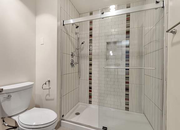 Spacious walk-in shower with recessed niche at The Lofts at Elk Terminal Apartments, New York