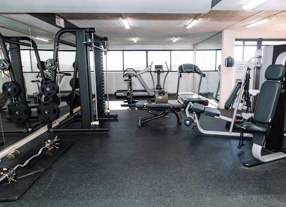 A gym with a variety of equipment including a leg press machine, a chest press machine, and a rowing machine at Walnut Towers at Frick Park, Pittsburgh, Pennsylvania