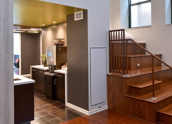 a view of the kitchen and stairs to the second floor at Walnut on Highland, Pittsburgh, PA