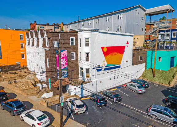 a mural on the side of a building at University Commons Apartments, Oakland, Pittsburgh