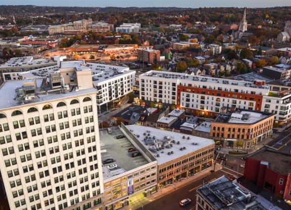 aerial view of a city with a church in the background at Walnut on Highland, Pittsburgh, PA